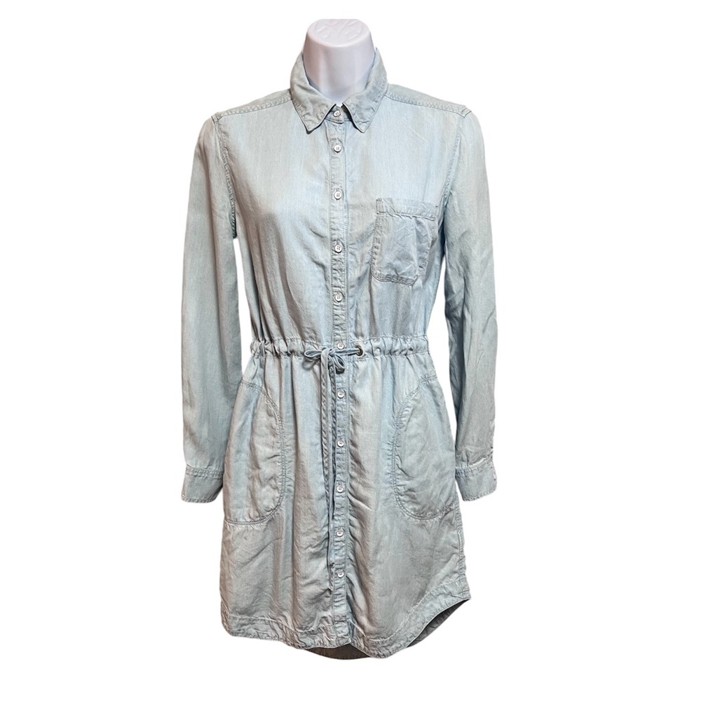 Athleta Shirt Dress Womens Sz XXS Stellar Cinch Tie Waist Button Up Chambray